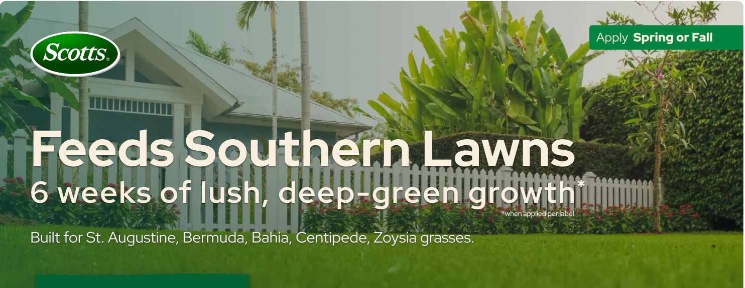 The lead module of a product-page design for a lawn-care product: a house, palm trees, and a deep-green lawn behind a large headline.