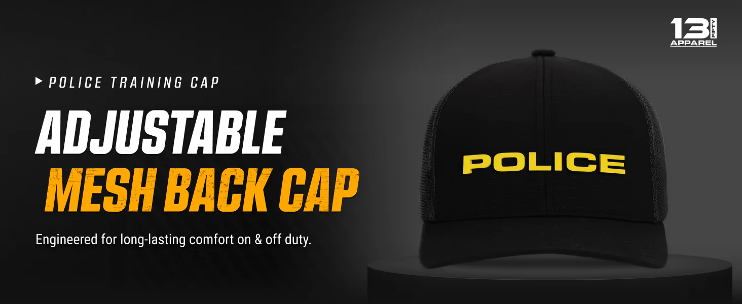 A product-page hero module draft: a black mesh-back cap with gold lettering on a dark plinth, beside a large headline.