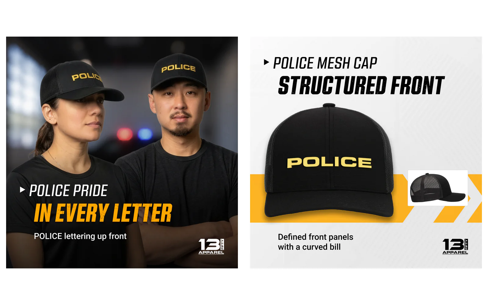 Two apparel listing images from a draft, side by side: the first AI-generated, including the two wearers, the caps they wear, and the setting; the second built on the brand’s product photography of the cap.