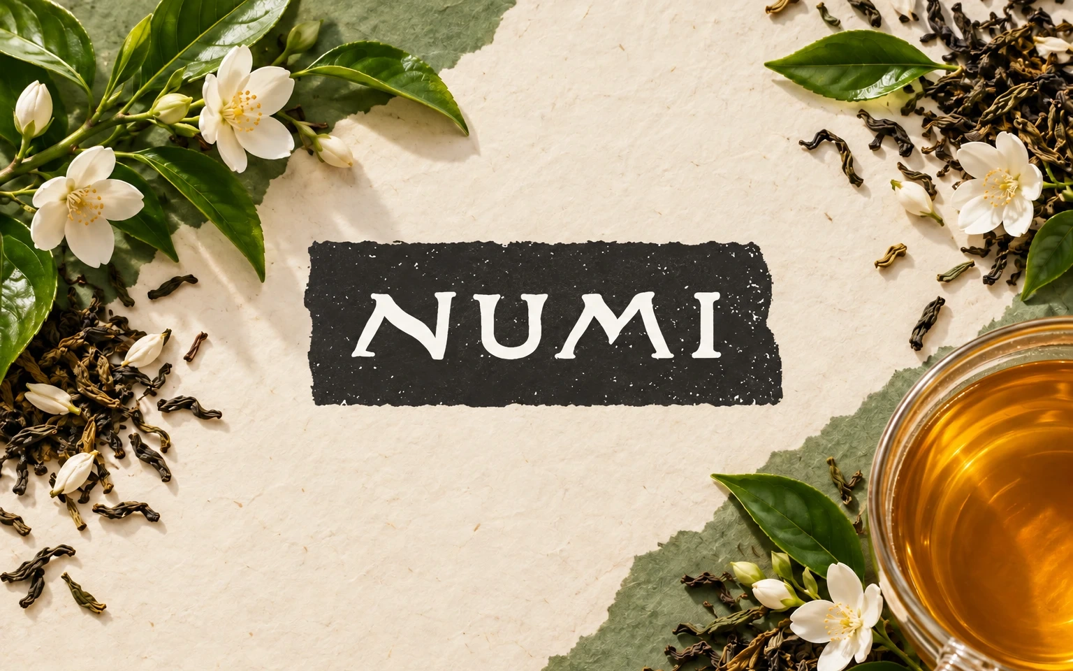 The NUMI wordmark on a black torn-paper label, centered on cream textured paper, framed by tea leaves, jasmine blossoms, loose rolled tea and a glass cup of tea.