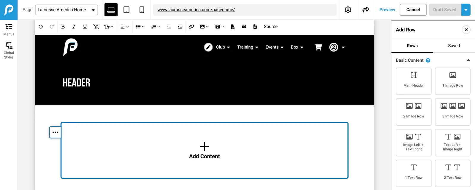 A website page editor: page picker, device toggles, and a formatting toolbar above a page canvas with a black header and an empty Add Content block, beside an Add Row panel of layout modules.