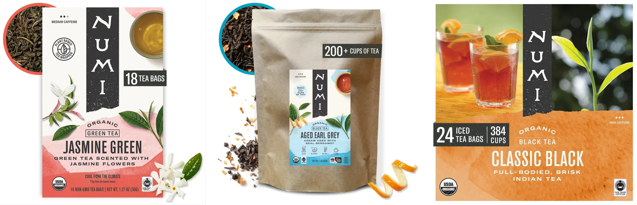 Three Numi product-page modules side by side: the Jasmine Green tea box, the Aged Earl Grey loose-leaf pouch and the Classic Black iced-tea box, each under the black NUMI wordmark.