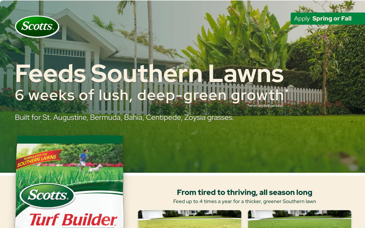 A Scotts product-page module: the Scotts logo, the headline “Feeds Southern Lawns, 6 weeks of lush, deep-green growth” over a green lawn and white fence, and the Turf Builder bag below.