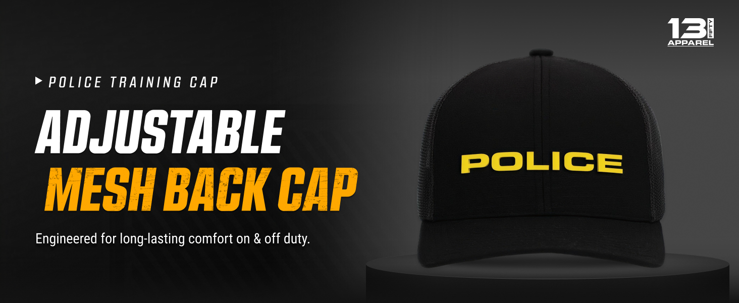 A finished A+ hero for 13 Fifty Apparel: a black mesh-back cap with yellow POLICE lettering on a dark plinth beside the headline “Adjustable Mesh Back Cap”, with the 13 Fifty logo.