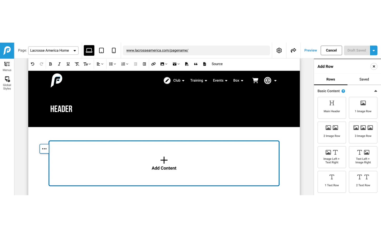 A website page editor: page picker, device toggles, and a formatting toolbar above a page canvas with a black header and an empty Add Content block, beside an Add Row panel of layout modules and Preview and Draft Saved controls.