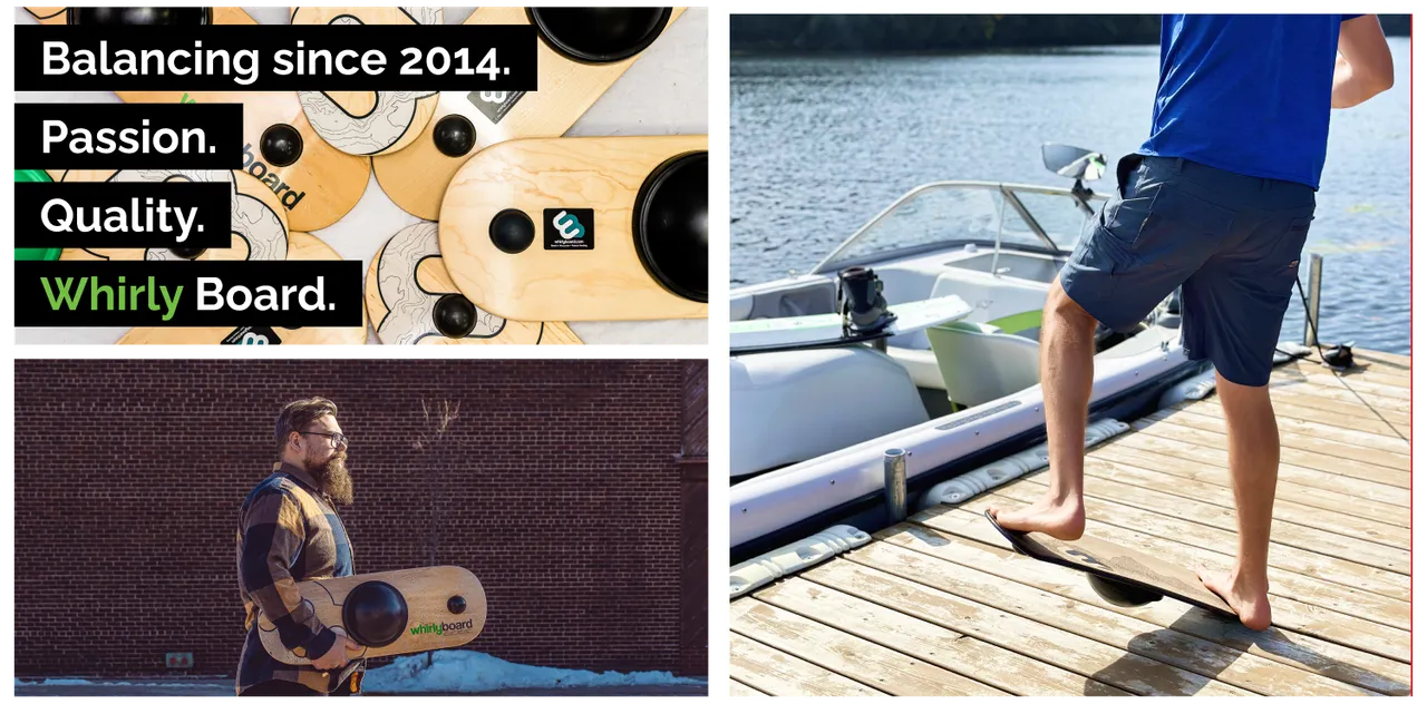 Whirly Board collage combining board details, a person carrying a board and a person balancing outdoors.