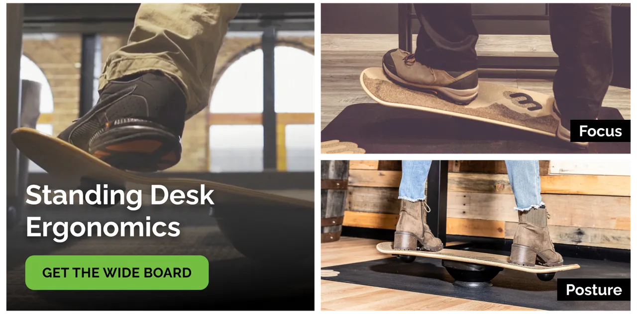 Whirly Board standing-desk grid showing feet balancing and workspace use.