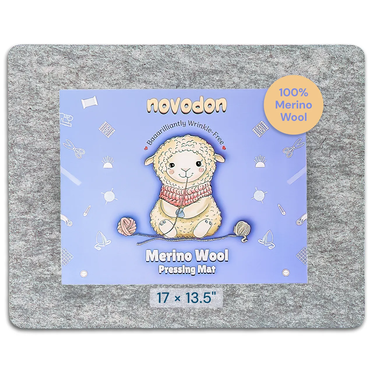 Gray Novodon wool pressing mat with purple sheep-branded packaging on a white background.