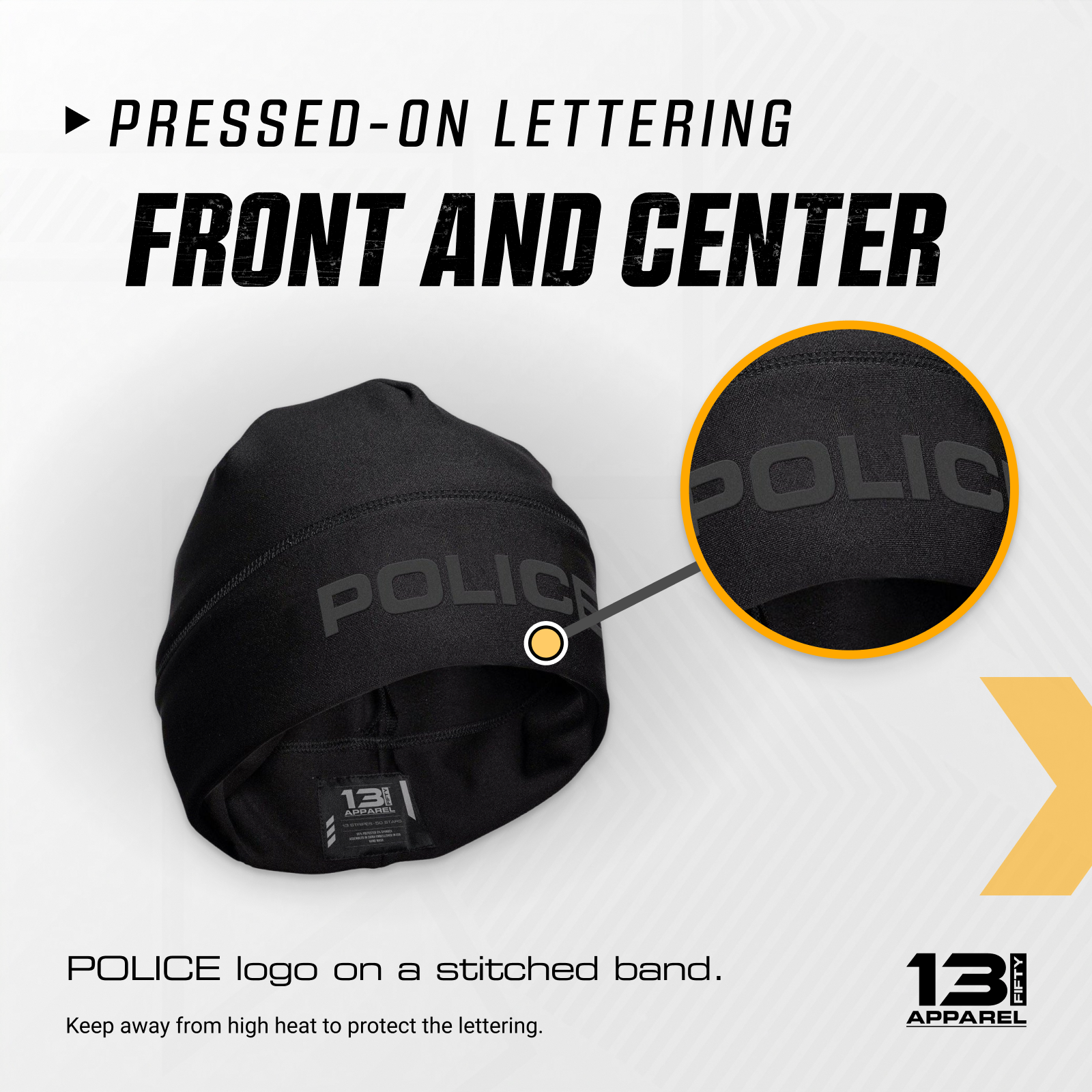 Current black beanie lettering card with a product photograph and magnified lettering detail.