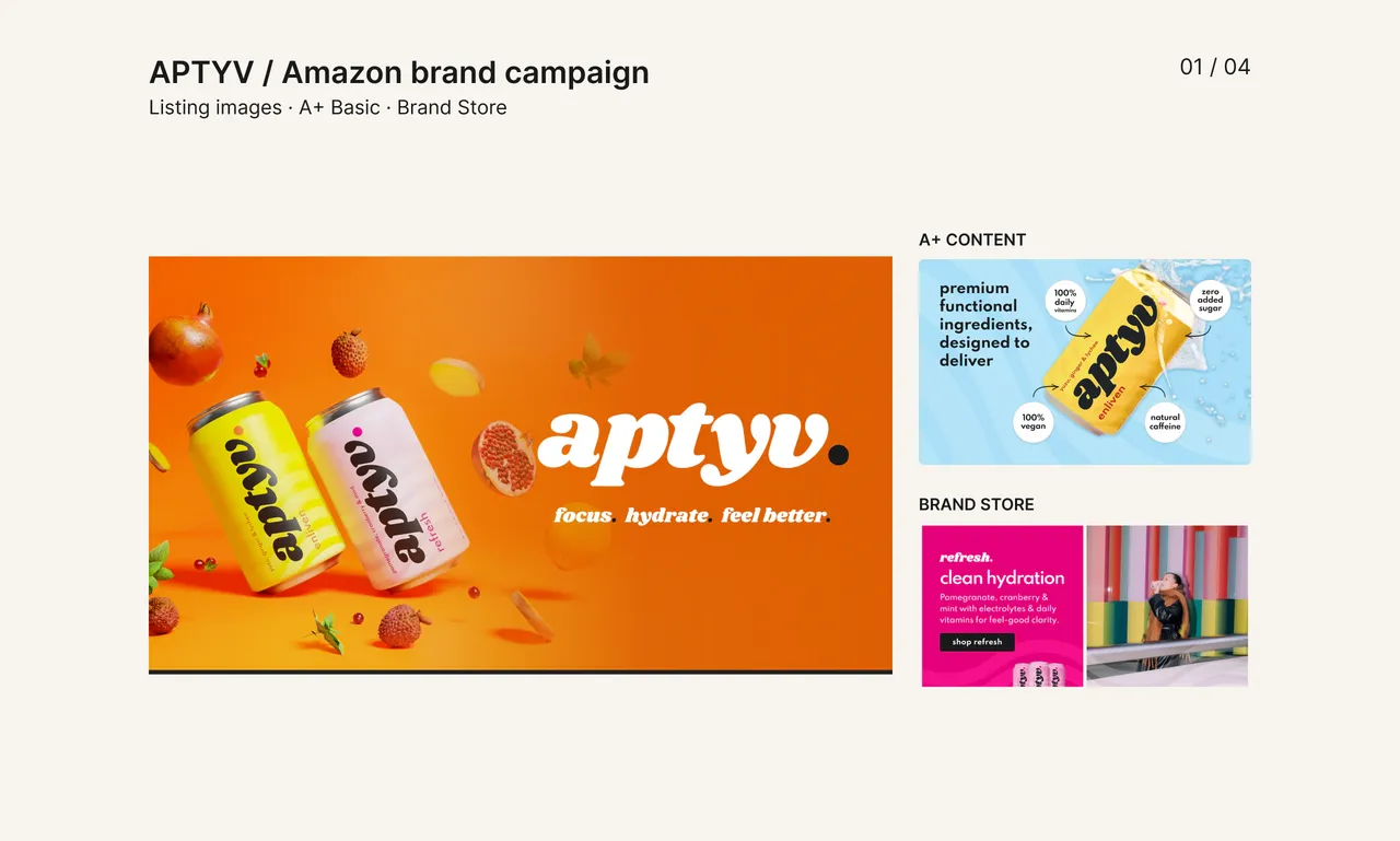 APTYV drink cans on an orange background with smaller A+ and brand-content previews.