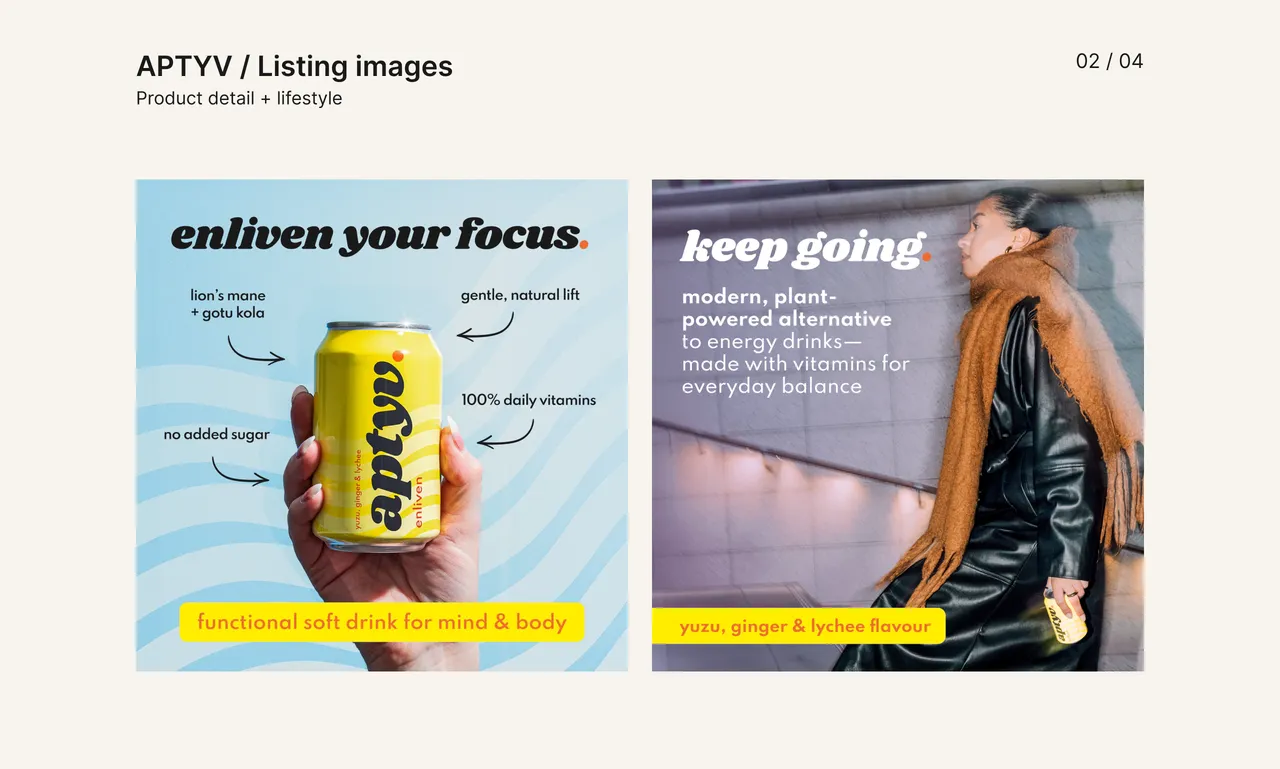 Two APTYV listing images pair a yellow can and ingredient callouts with a woman carrying a can outdoors.