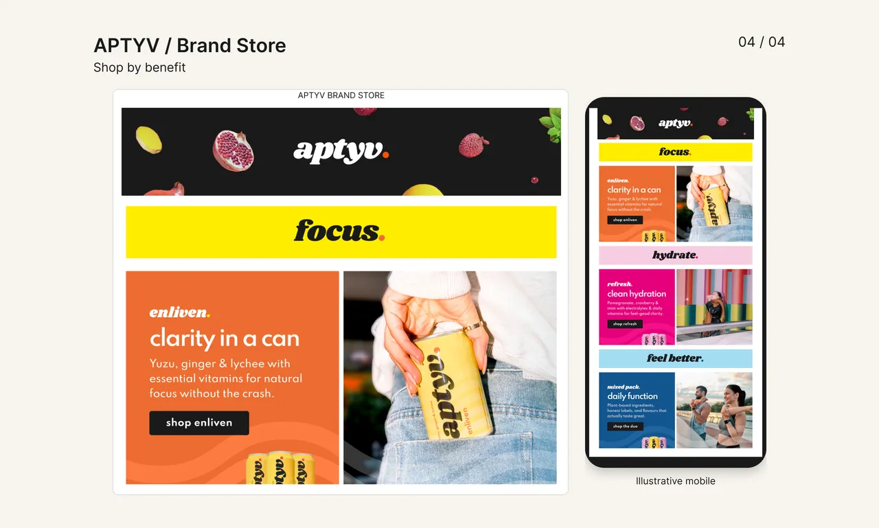 APTYV Brand Store shown in desktop and illustrative phone layouts with orange, yellow and pink product sections.