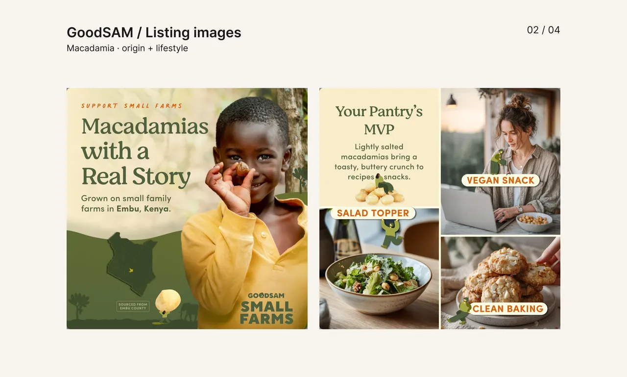 GoodSAM listing panels show a Kenya origin story and macadamia uses for snacking, salads and baking.