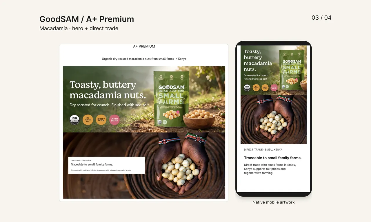 GoodSAM Macadamia A+ Premium desktop artwork and native mobile artwork show a green pouch outdoors and hands holding nuts.