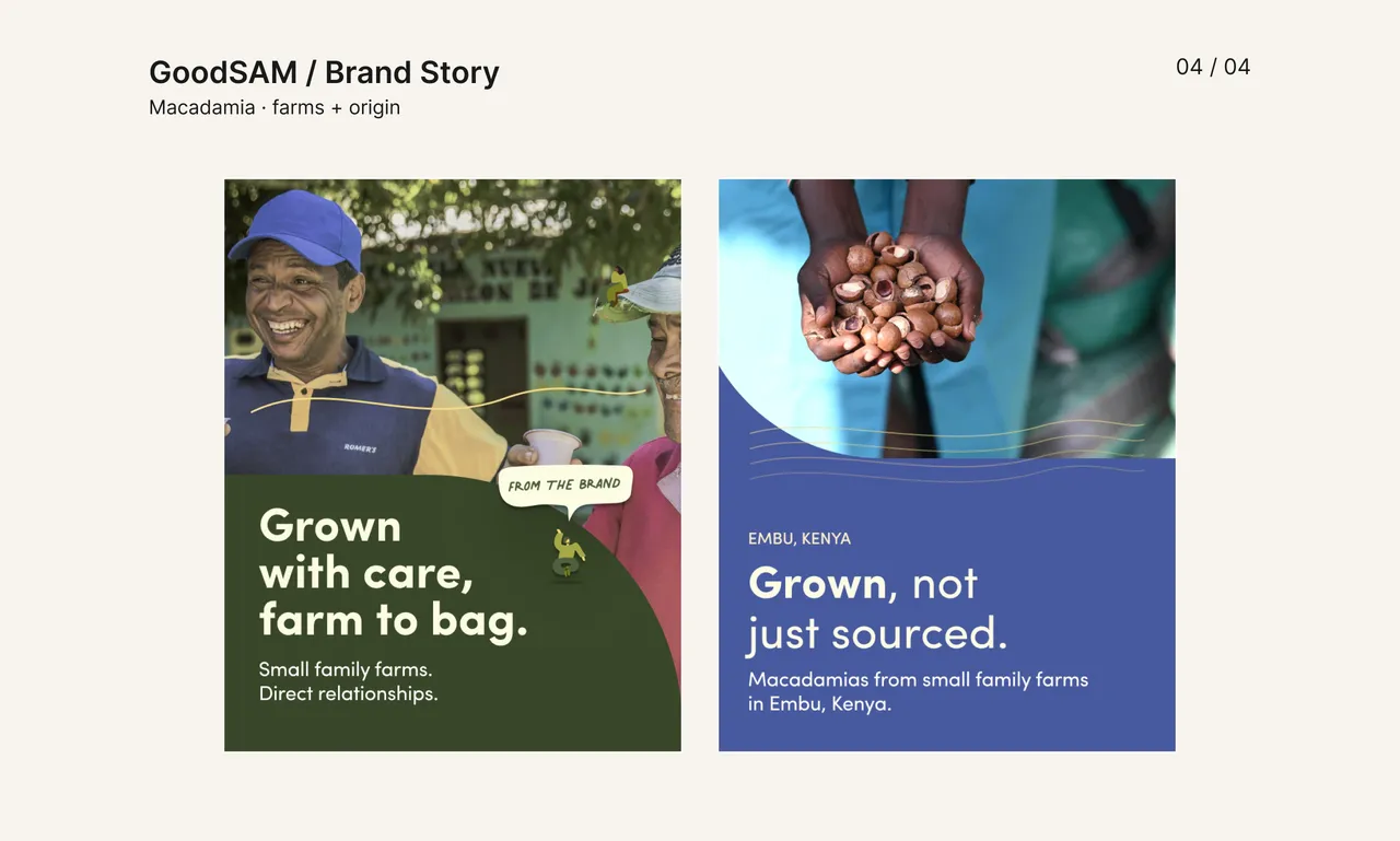 Two GoodSAM Brand Story cards feature a smiling farmer and hands holding macadamia nuts.