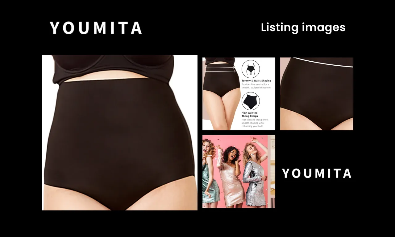 Youmita black shapewear close-up with smaller product, fabric and lifestyle images on a black branded cover.