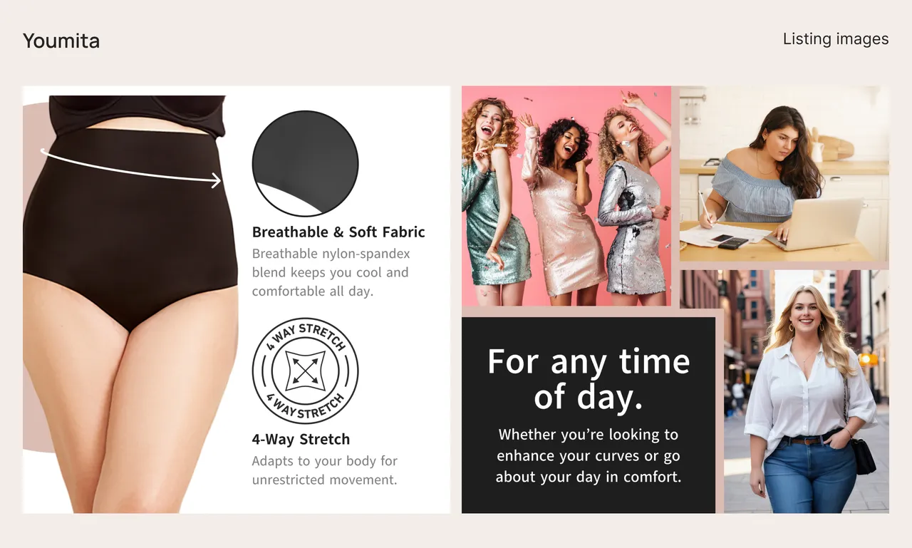 Youmita shapewear and fabric details appear beside a collage of women in everyday outfits.