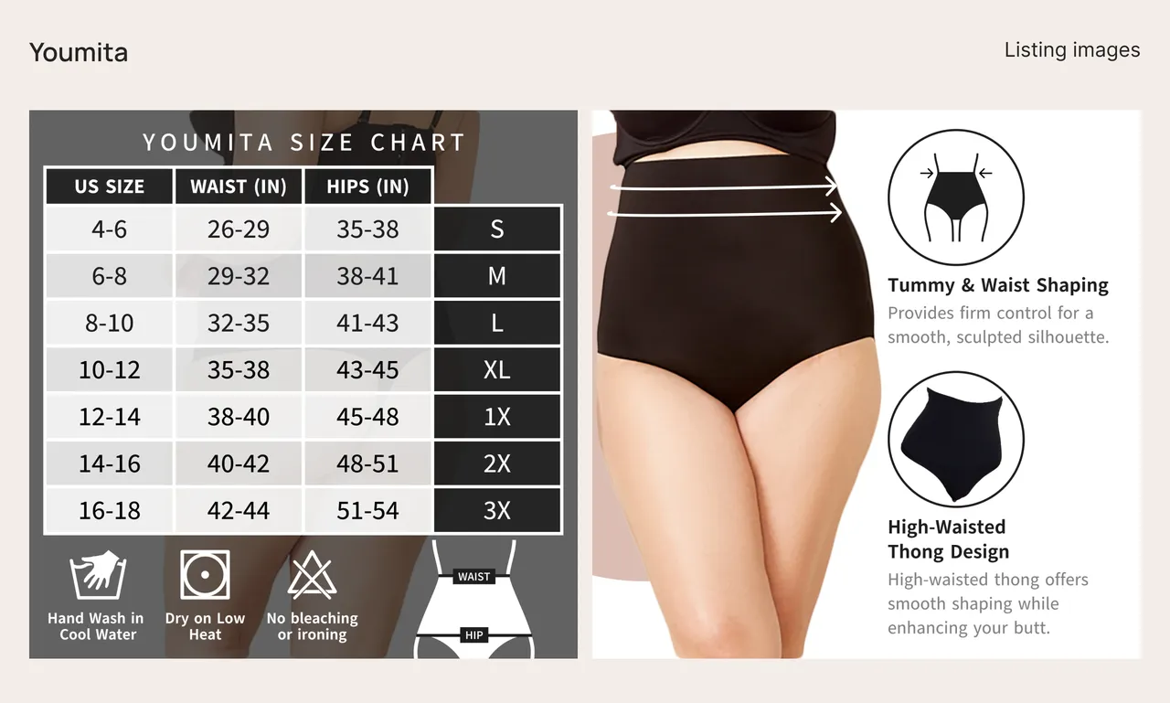 Youmita size chart and care icons beside shapewear photography and illustrated fit features.