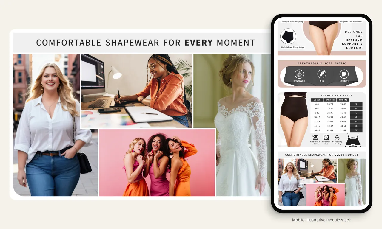 Youmita A+ Basic lifestyle collage shows work, everyday, party and bridal looks beside an illustrative mobile content stack.