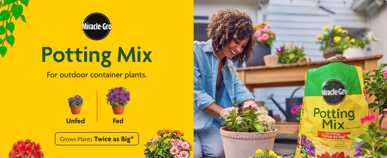 Miracle-Gro Potting Mix beside a gardener planting flowers, with yellow and green product graphics.