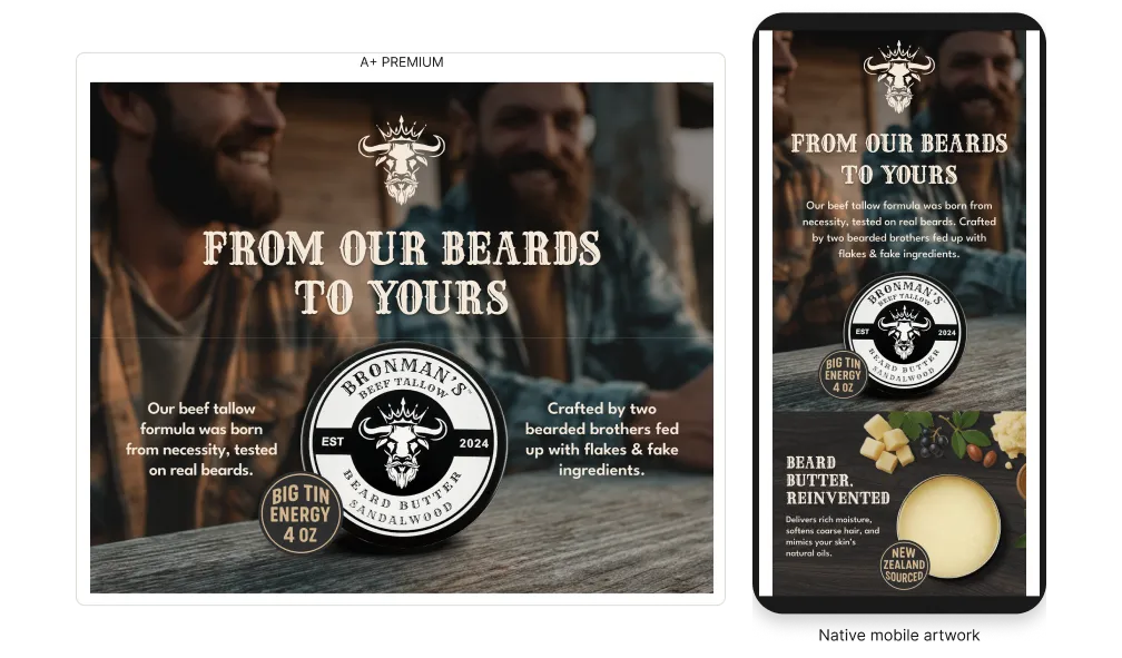Bronman’s brand-origin A+ Premium desktop artwork and native mobile layout.