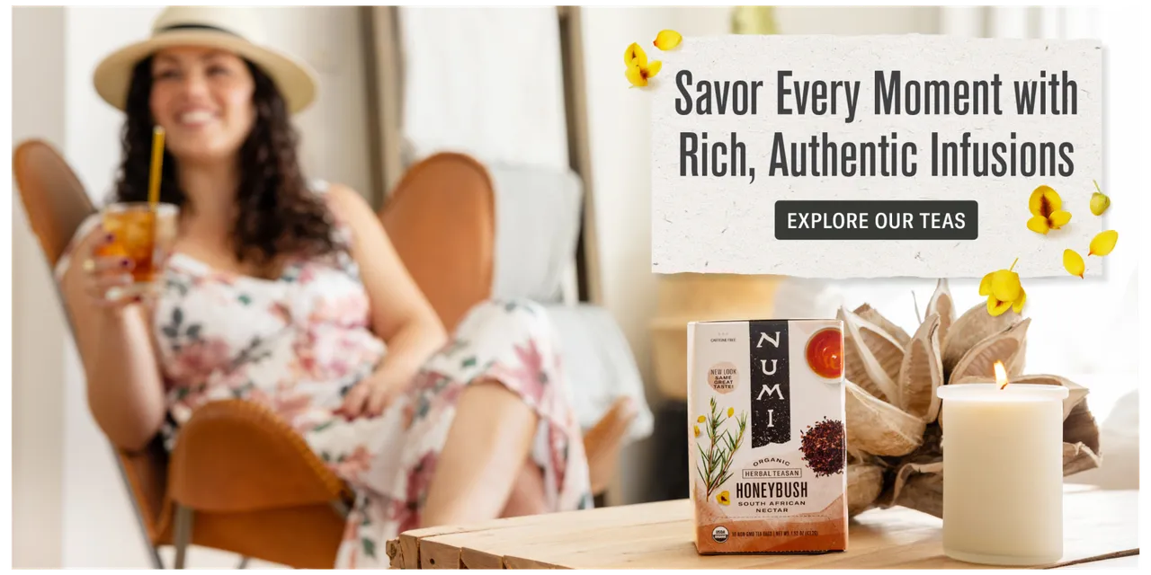 Numi tea packaging and a mug beside a woman holding iced tea, with a torn-paper headline panel.