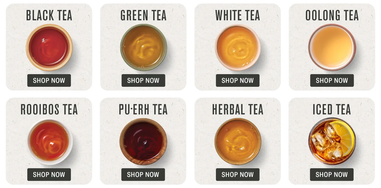 Eight tea categories represented by differently colored cups in a two-row Numi navigation grid.