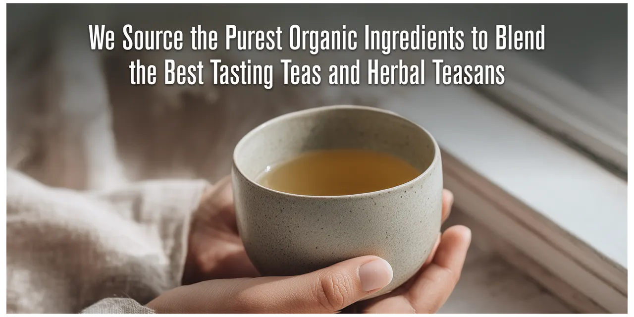 Hands holding a ceramic cup of tea beneath a Numi ingredient headline.