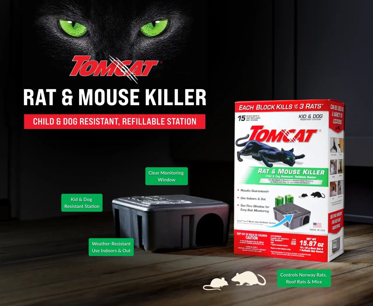 Tomcat cat-eye branding above a bait station and packaged product on a dark wood surface.