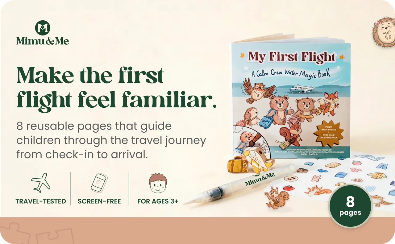 Mimu & Me First Flight book with water pen, sticker sheet, illustrated characters, and travel-themed graphics.