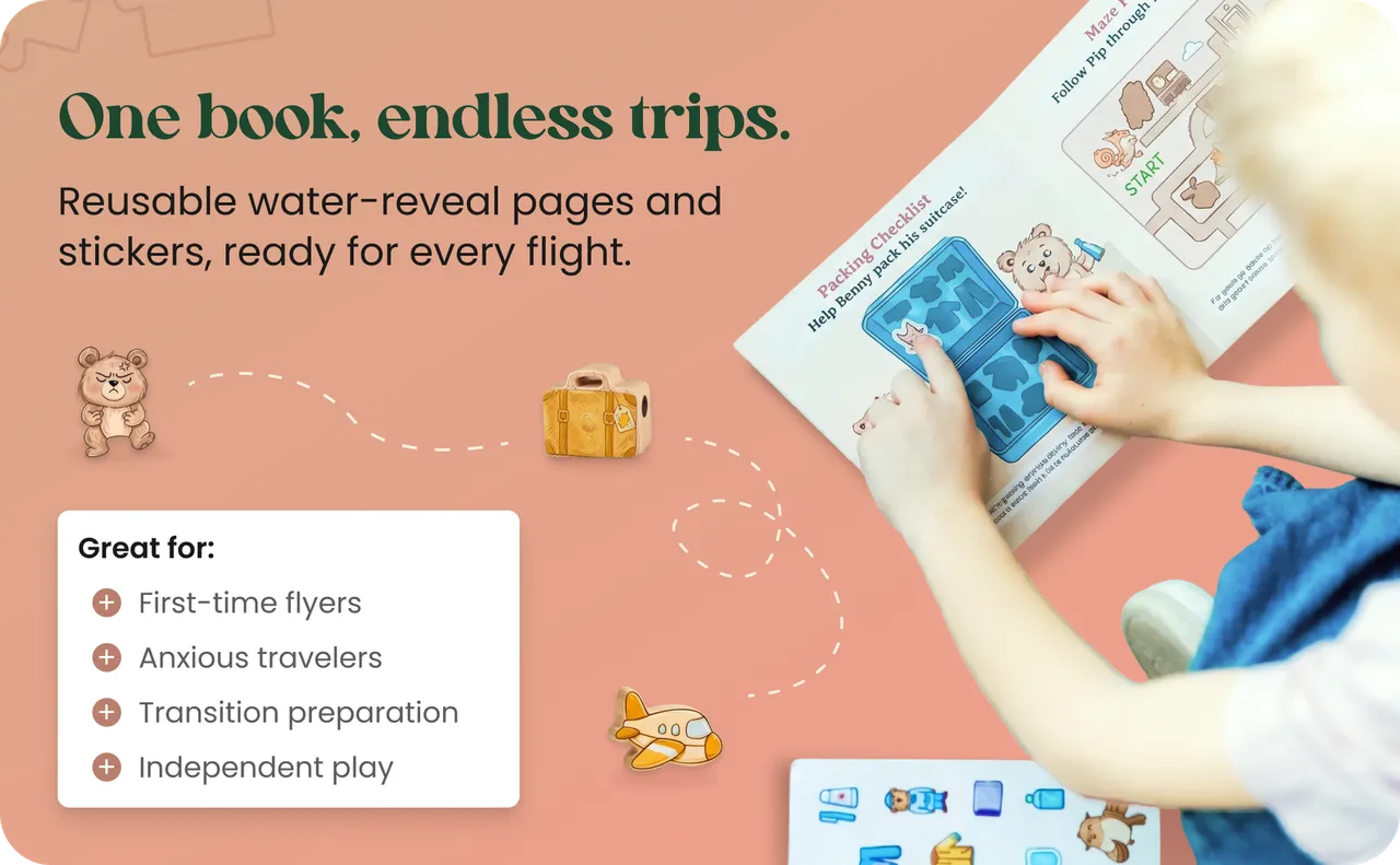 A child uses the Mimu & Me First Flight activity book in a coral-colored travel-themed layout.