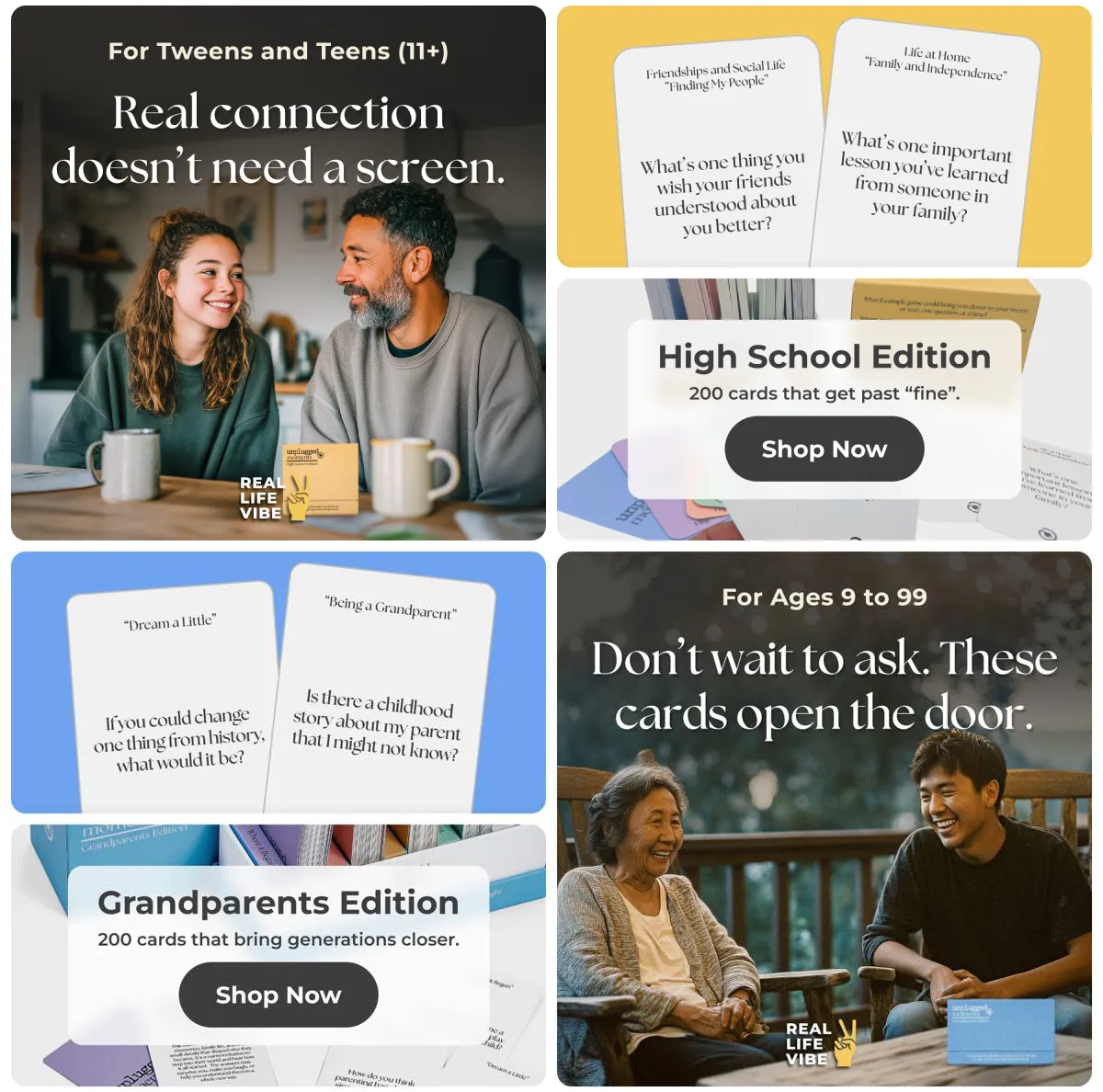 Grouped Unplugged Moments Store modules show High School and Grandparents card editions.