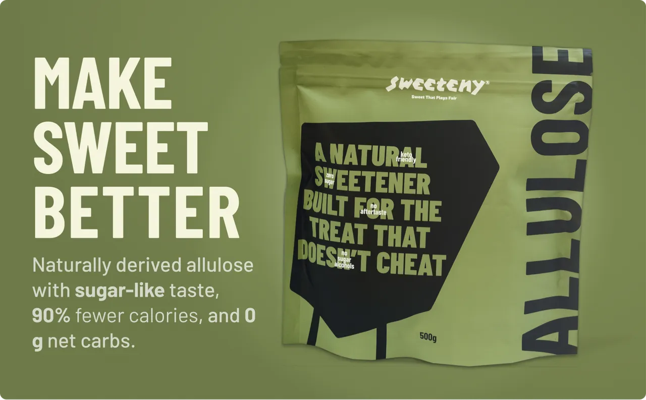 Sweeteny allulose pouch beside large Make Sweet Better typography.