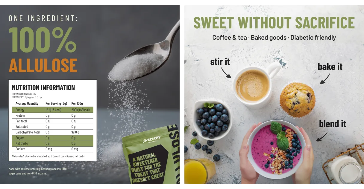 Sweeteny ingredient information and food-use designs featuring coffee, a muffin and smoothie bowl.