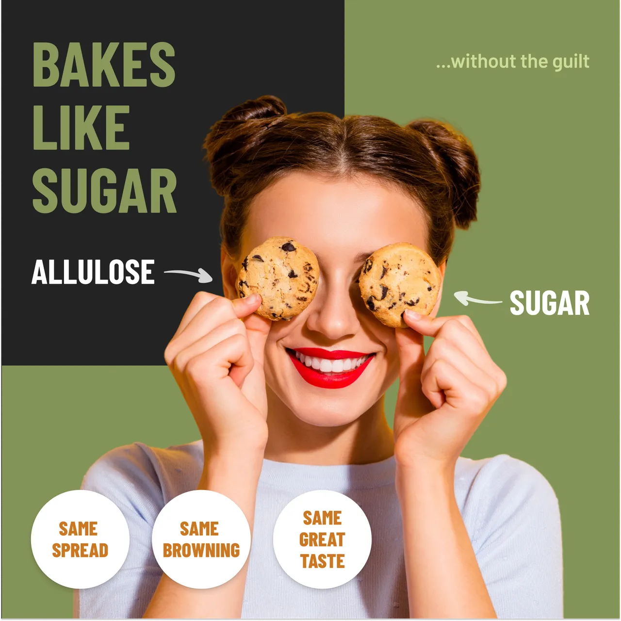 Woman holding two cookies over her eyes in Sweeteny’s Bakes Like Sugar design.